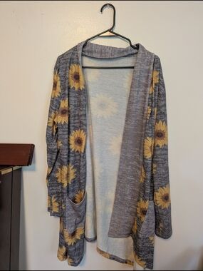 Sunflower Print Open Front Cardigan Sweater - Gray and Yellow